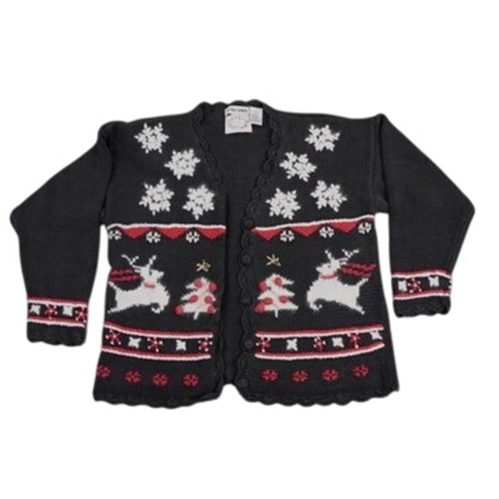 Erika Hand Knit Womens Black Reindeer Christmas Cardigan Sweater Size‎ L